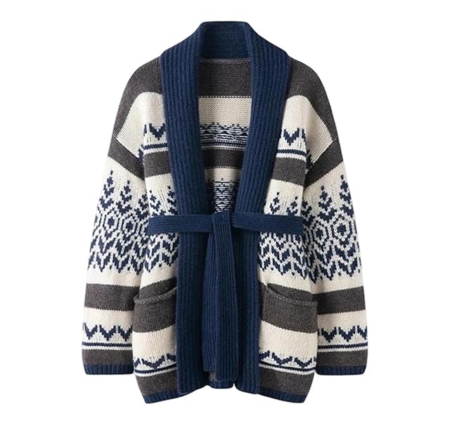 Womens Thick Cashmere Fair Isle Cardigan Coat Winter Vintage Style Knit Sweater with Sash Soft Warm Outerwear