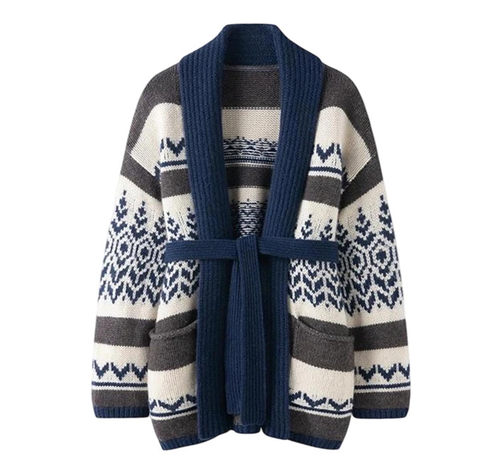 Womens Thick Cashmere Fair Isle Cardigan Coat Winter Vintage Style Knit Sweater with Sash Soft Warm Outerwear