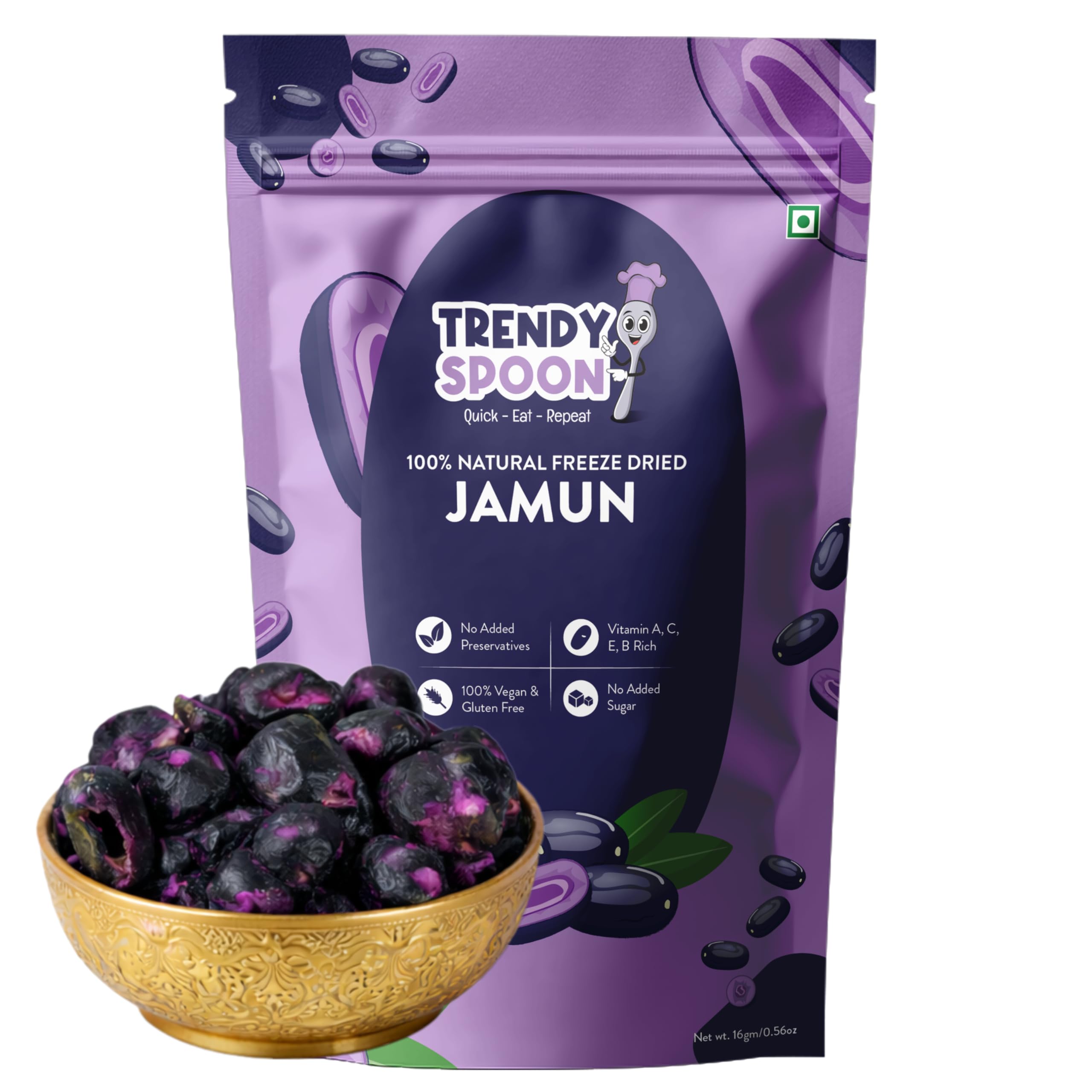 Trendy Spoon Natural Freeze Dried Jamun, Rich in Vitamin A,C and E, Healthy Fruit Snack, Pack of 1-16g