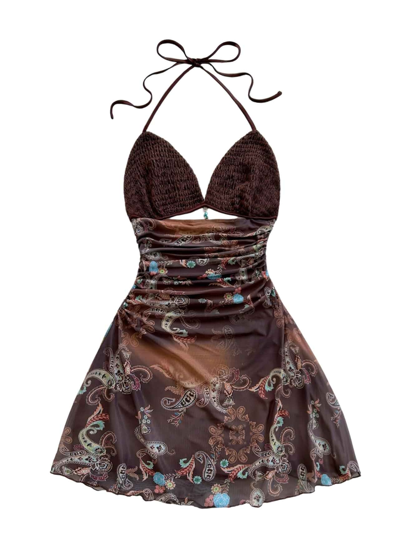 GORGLITTER Women's Boho Halter Top Dress Paisley Print Cutout Ruched A Line Vintage Mini Dress Country Concert Outfits Sleeveless