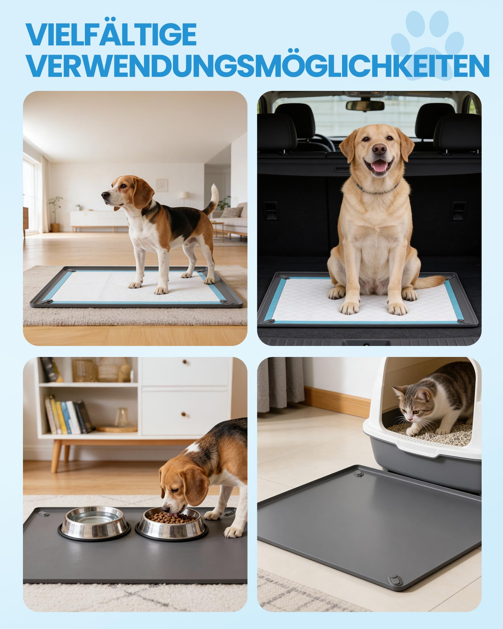 Kittyspout PIPI Matten für Hunde – rutschfeste Silikon-Unterlage mit 4 magnetischen Clips und Wasserdichten Rändern – Hundetoiletten-Tray für Stubenreinheit und Bodenschutz – 60 x 60 cm