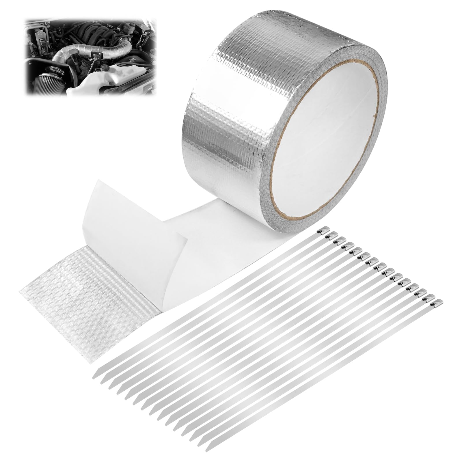 SyiXute 1 Rolls Aluminum Foil Insulation Tape 10m x 5cm,Self-Adhesive Silver Heat Reflective Tape with 15 Stainless Steel Ties for HVAC Duct,Exhaust Pipe Repair,Automotive & Home Insulation