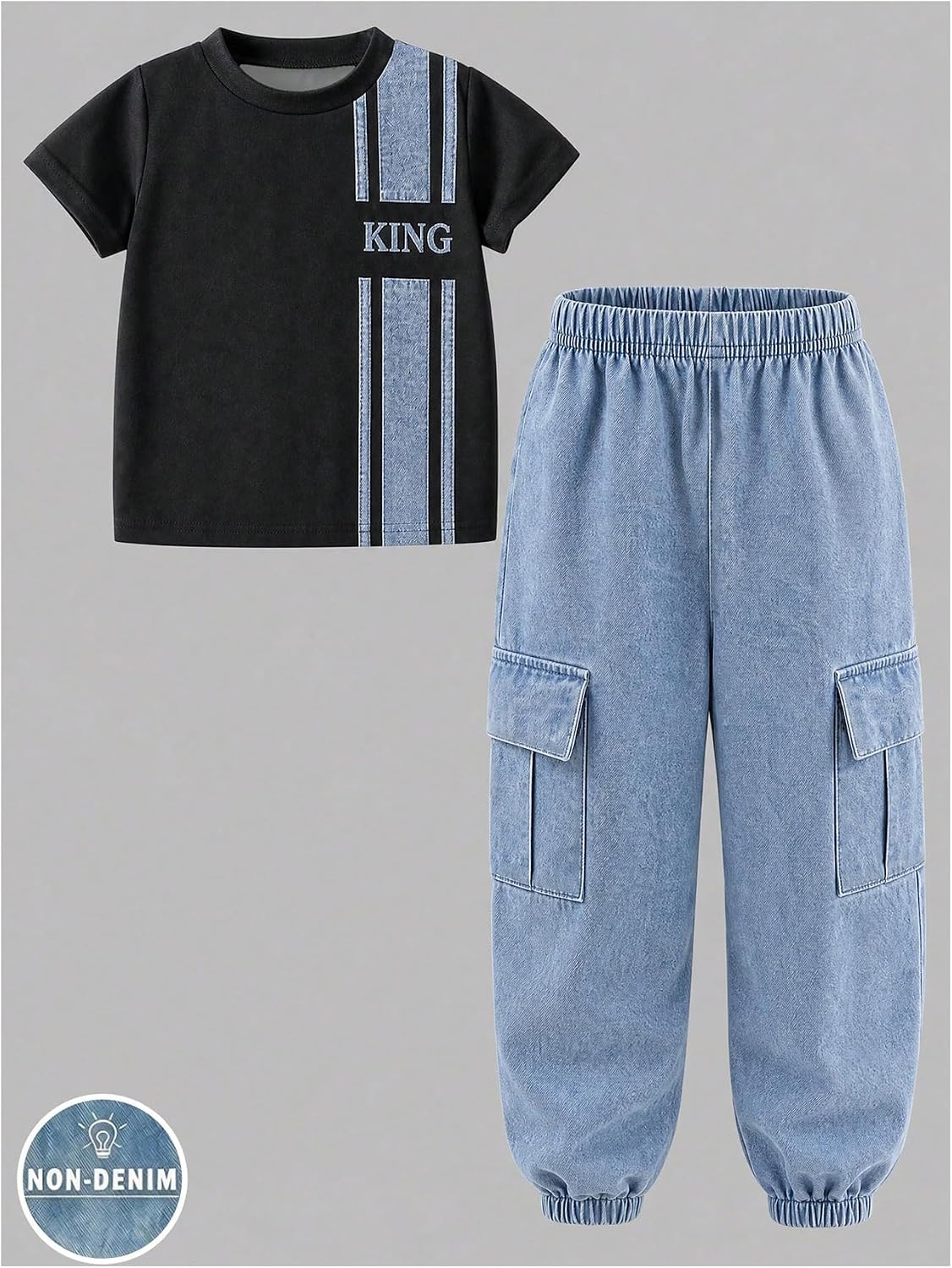VIPWOLF Boy's 2 Piece Outfits Striped Short Sleeve T Shirts Cargo Jeans