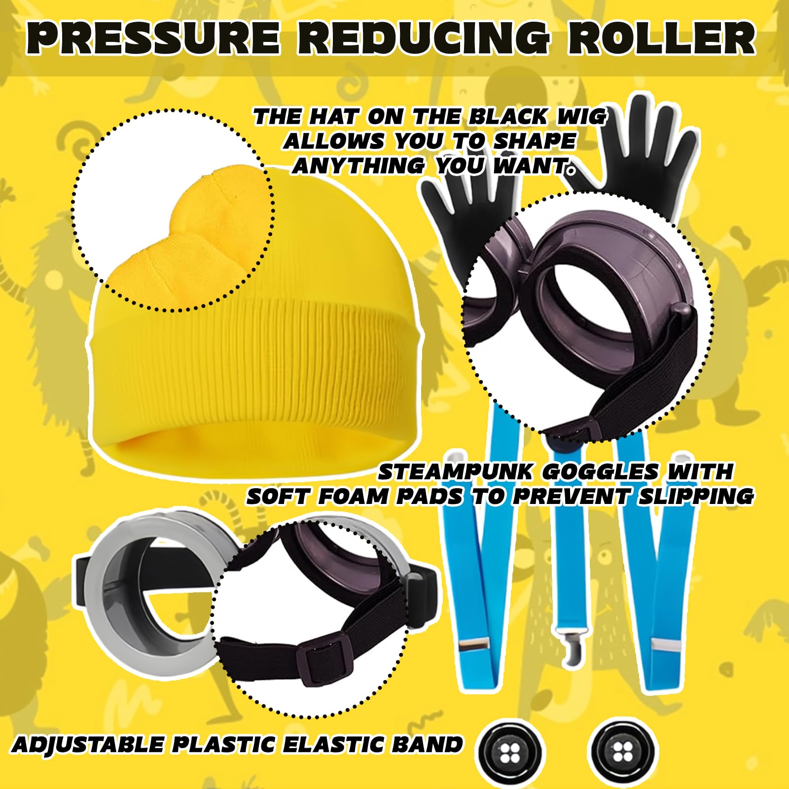 BFSYRR Yellow Costume, Halloween Costume, 6 Pcs Accessories Set, Steampunk Goggles, Yellow Beanie, Black Gloves - Image 3