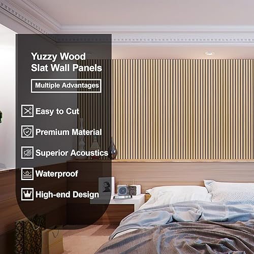 Miniatura 4 de Yuzzy Paneles de madera para pared y techo, paneles acústicos de listones de madera de 108 x 11 pulgadas, 4 unidades, paneles de pared modernos que