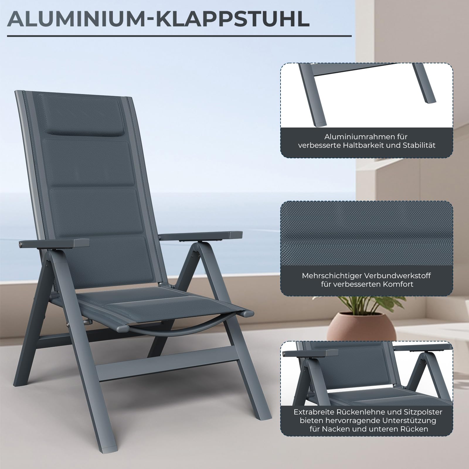 TRIUMPHKEY Aluminium Gartenmöbel 6+1, Gartenmöbel Set mit 1 189 cm PS Gartentisch und 6 klappstuhl, mit Verstellbarer Rückenlehne, Wetterfeste Terrassenmöbel, für Garten Terrasse Balkon, Dunkelgrau