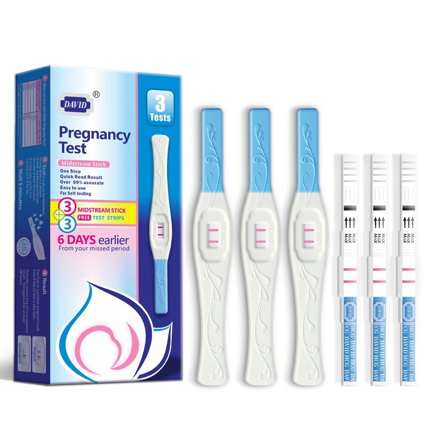 DAVID Home Pregnancy Test Kit, 3 Pens + 3 Crystal Sticks, Total 6 Tests