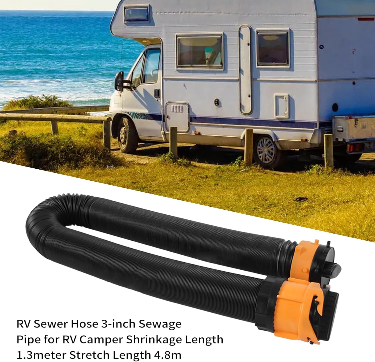 RV Sewer Hose, 3 inch Sewage Pipe for RV with Shrinkage Length 1. and Stretch Length 4.8m, Compact & Portable Design