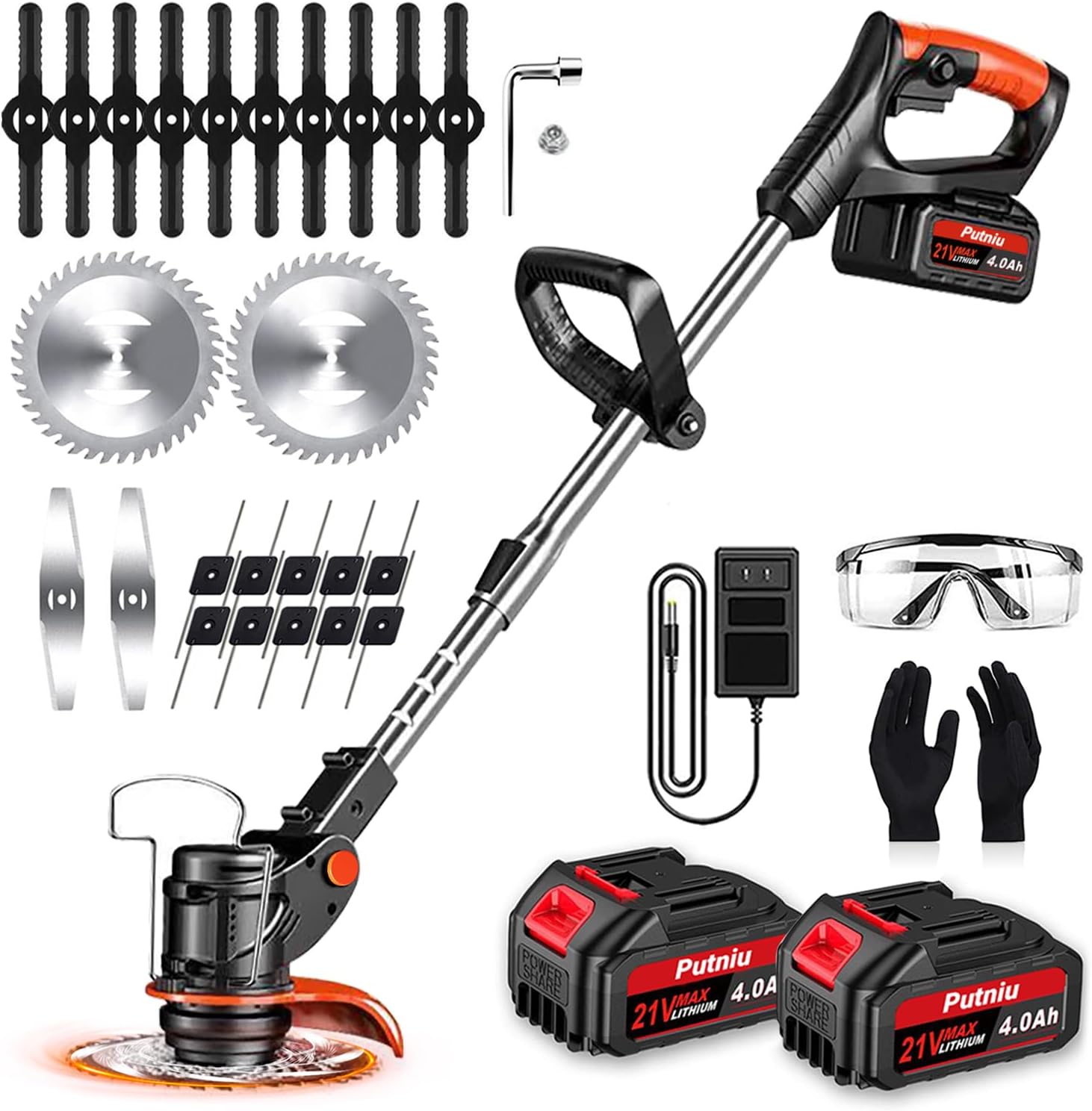 Cordless Weed Wacker, Stringless Electric Weed Eater & Lawn Edger - 21V Battery Powered Grass Trimmer with 2X 4.0Ah Battery and Charger, Brush Cutter with 3 Blades for Garden and Yard