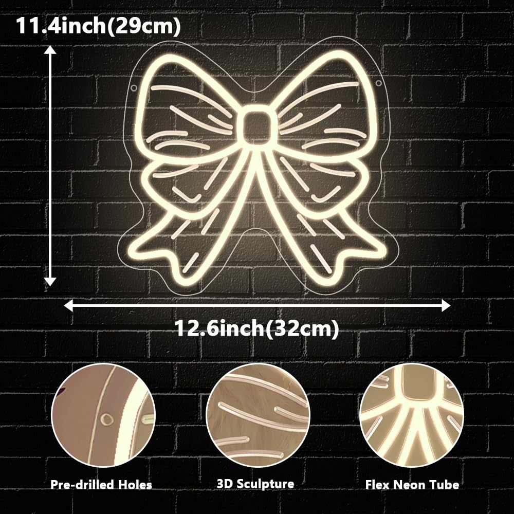 Schleifen-Neonschild, Schleife, LED-Schild für Wand, Raumdekoration, dimmbar, Schleife, Neonlicht für Mädchen, Mädchen, Schlafzimmer, Party, Dekoration, Geburtstag, Brautparty, Hochzeit, Schönheit