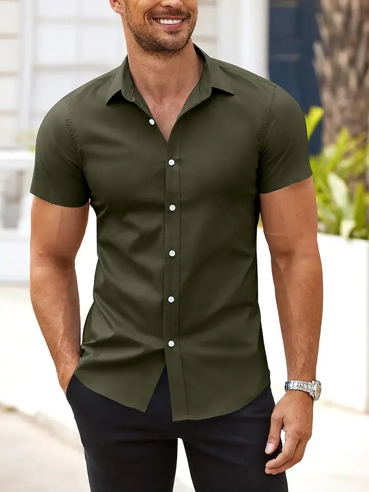 Camisa social masculina com ajuste muscular, sem rugas, manga curta, casual, abotoada