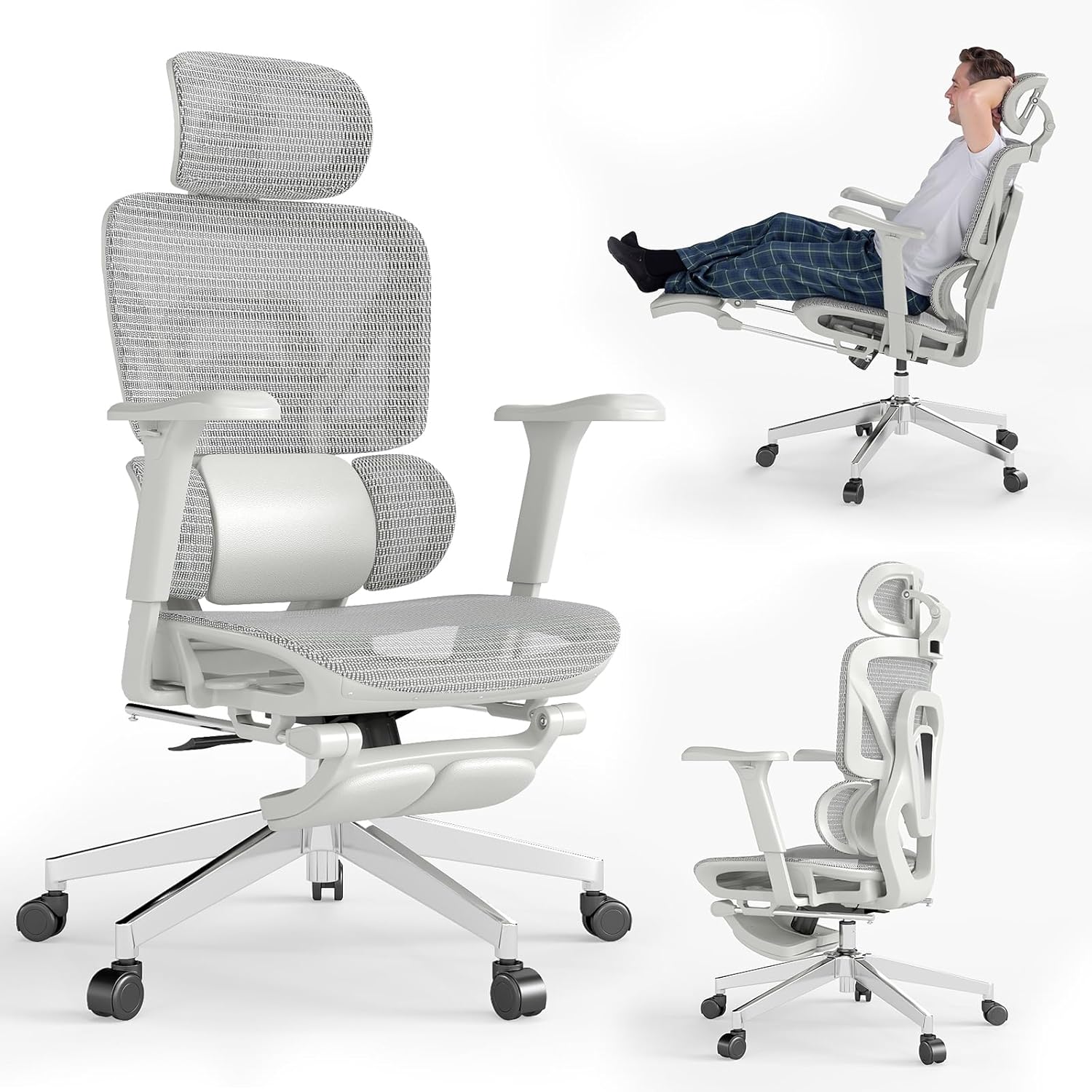 MOJAY Ergonomic Mesh Office and Gaming Chair with Footrest, High Back Home Office Desk Chair, Comfortable 3D Lumbar Support, 90-135° Tilt and Lock, Adjustable Seat Depth, 4D Armrest and 3D Headrest Grey 3-Zone Lumbar Support+4D Armrest