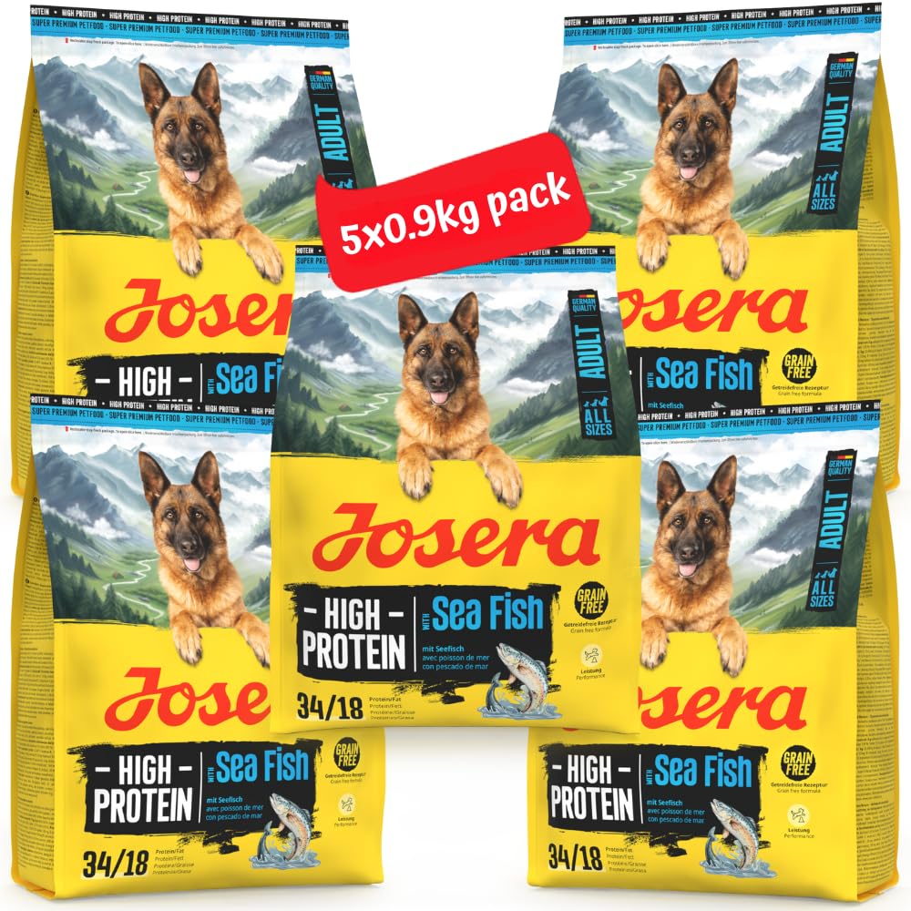 Josera High Protein Adult Sea Fish complete dry food | For active, working and sporting dogs | Grain-free | Lots of meat | Herbs & Fruits | 5x0.9kg
