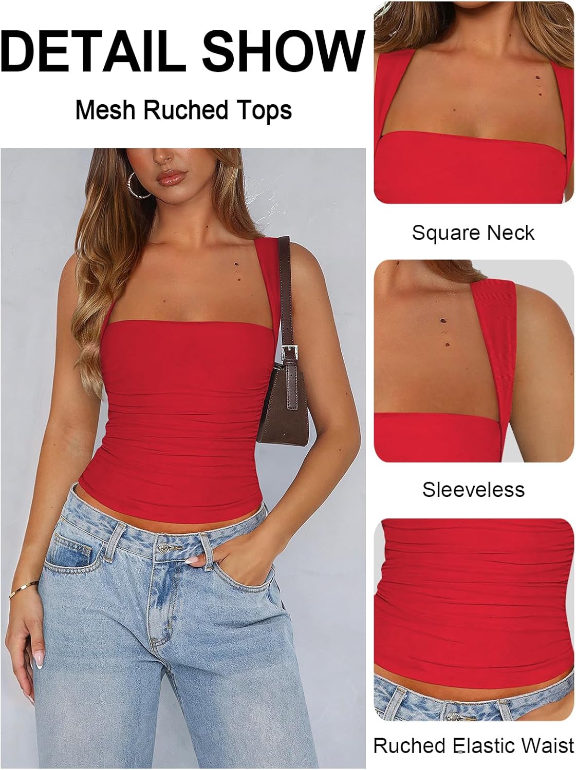 Womens Square Neck Tank Top Mesh Side Ruched Double Lined Y2k Trendy Going Out Tops Summer Basics Clothes - Image 4