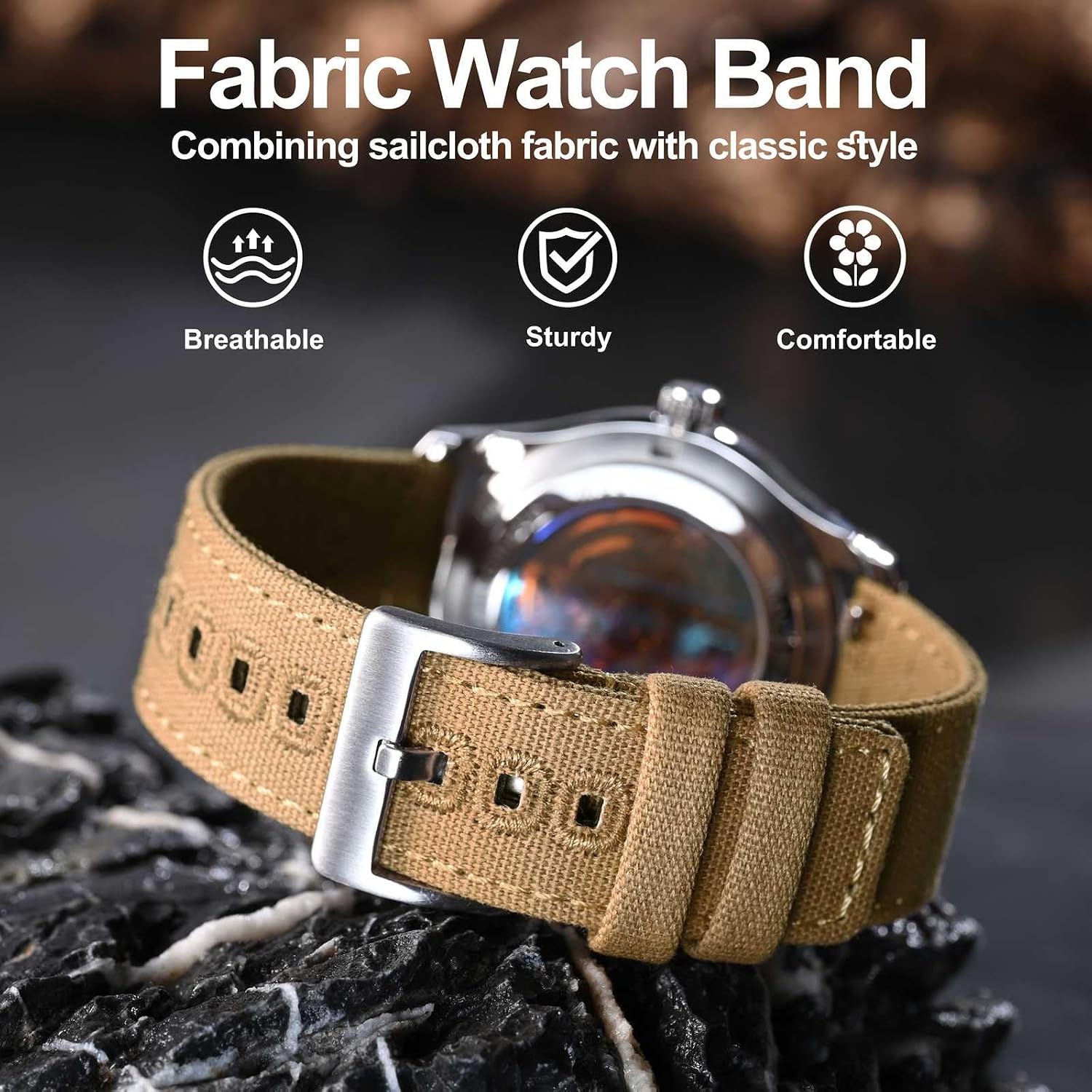 WOCCI Watch Bands, Canvas Fabric, Quick Release, Compatible Watch Lug Width 18mm 19mm 20mm 22mm 24mm