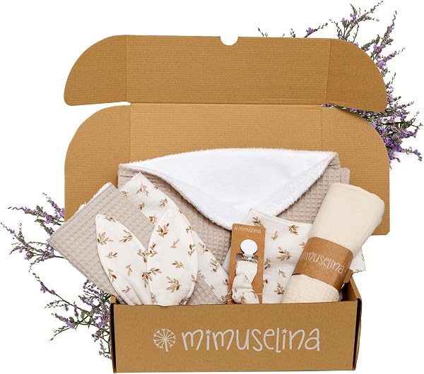 MIMUSELINA Coffret Naissance Fille ou Garçon | Coffrets Cadeaux pour Bébé | Coffret de Naissance Mixte pour Cadeau Nouveau Né | Disponible en Différentes Tailles | Sahara, Medium - 1