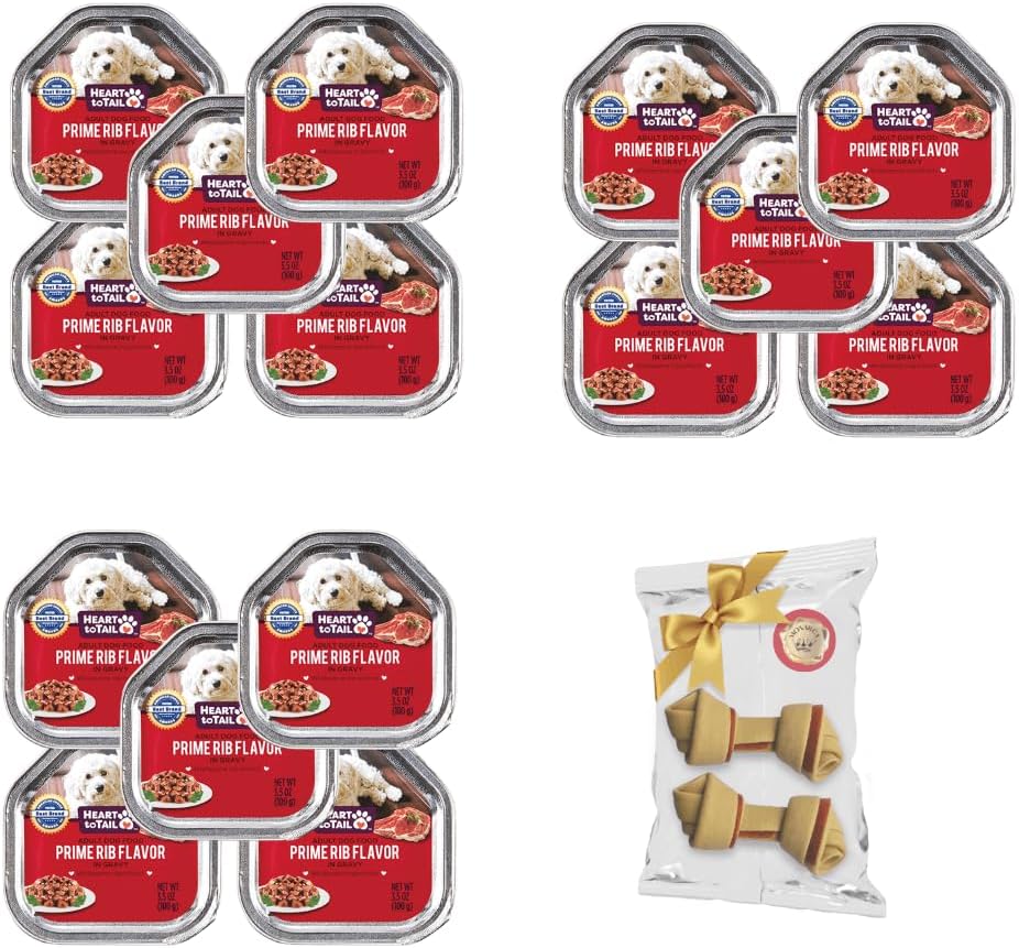 15 Trays Wet Dog Food 3.5 OZ Prime Rib Flavor RED + Gift Bone