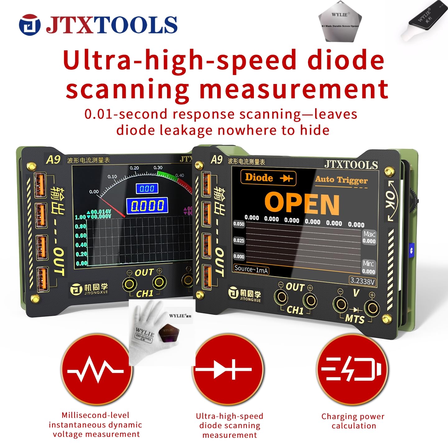 JTX Tools A9 Curve Waveform Multi-Function Measuring Meter 4.0-Inch IPS HD Display 0-36V Voltage Current Testing Auto Trigger Screen Recording with WYLIE Professional Tools 7 Pack