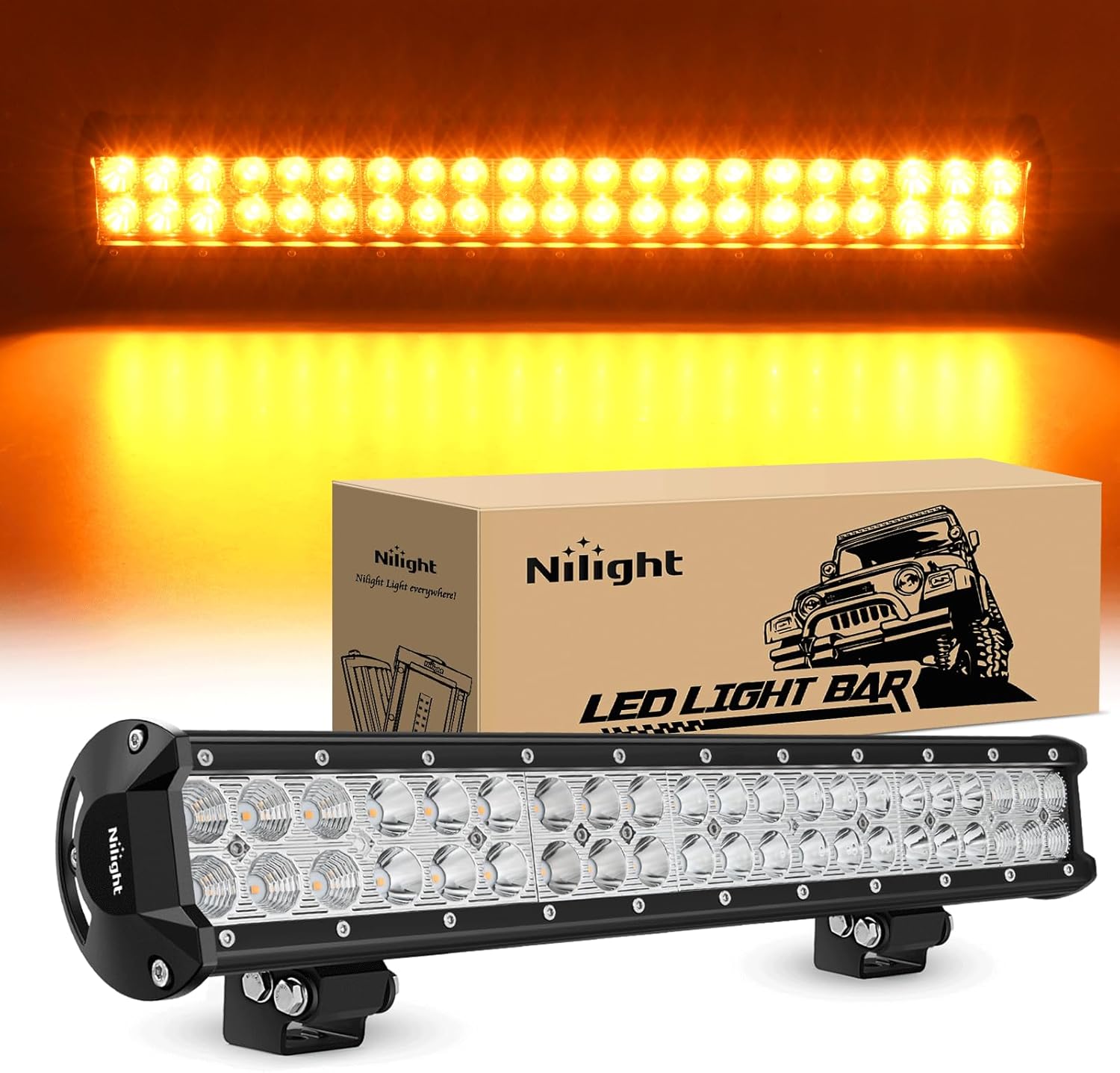 Nilight LED Light Bar 20 Inch 126W Spot Flood Combo Amber Beam Off Road Lamp Fishing Hunting Emergency Deck Work Lighting for Trucks UTV Pick-up Van Boat Tractor