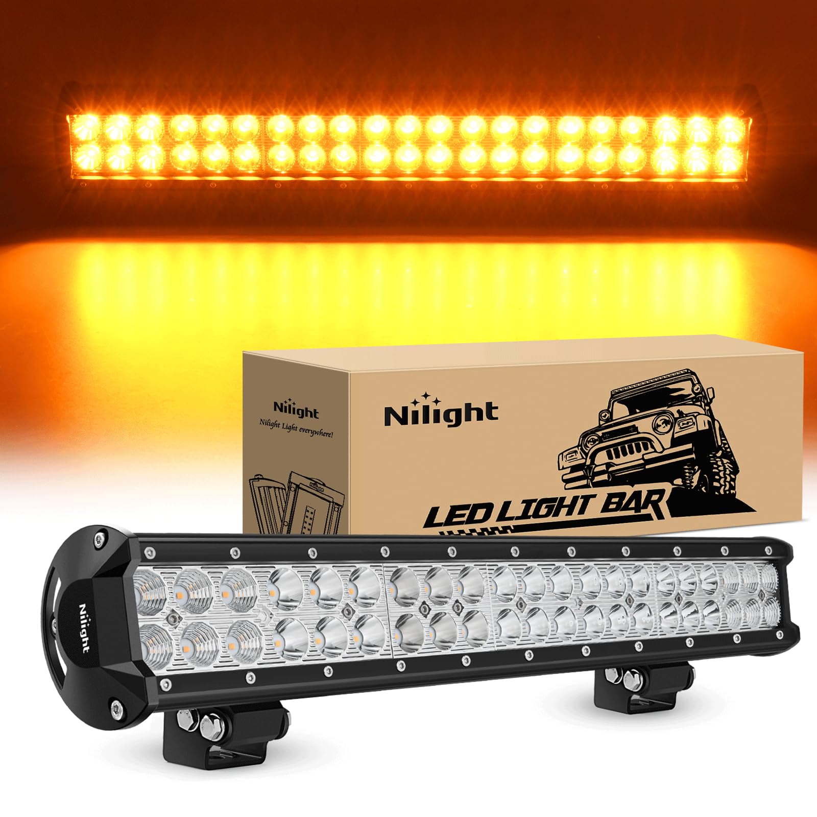 Nilight LED Light Bar 20 Inch 126W Spot Flood Combo Amber Beam Off Road Lamp Fishing Hunting Emergency Deck Work Lighting for Trucks UTV Pick-up Van Boat Tractor