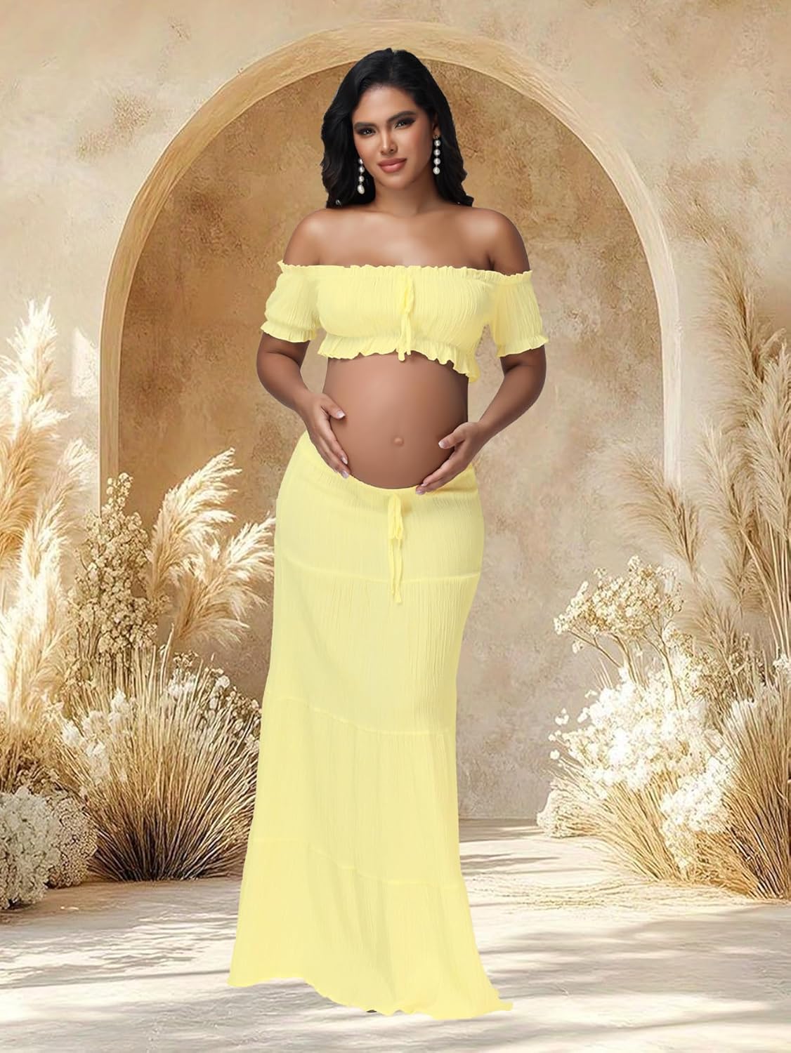 JustVH Maternity 2 Piece Outfits Dress Boho Off Shoulder Ruffle Tube Top Flowy Long Skirt for Photoshoot Baby Shower