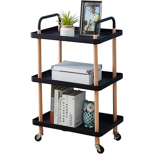 Springfavor 3 Tier Rolling Cart Utility Organizer Multifunction Storage Trolley with Handle and Lockable Wheels for Home/Kitchen/Bathroom -Rectangle Black