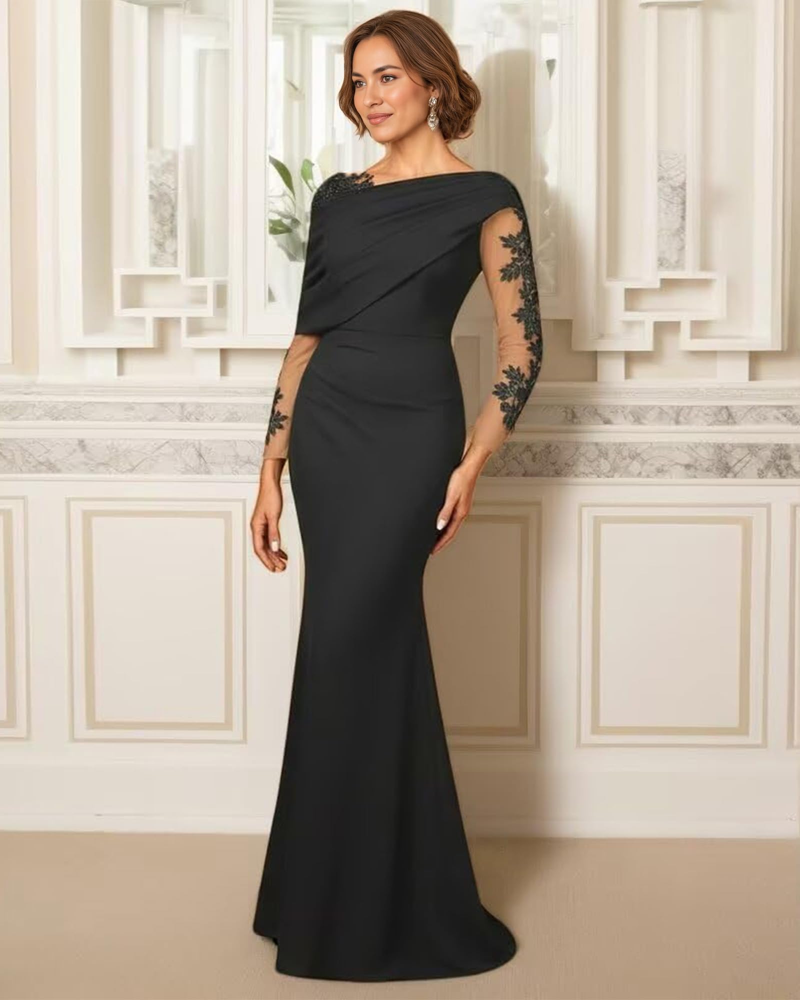 Meerjungfrau Satin Abendkleider Elegant für Hochzeit,Spitzen Brautmutterkleider mit Ärmeln Meerjungfrau Lang Festlich Kleider für Hochzeitsgäste