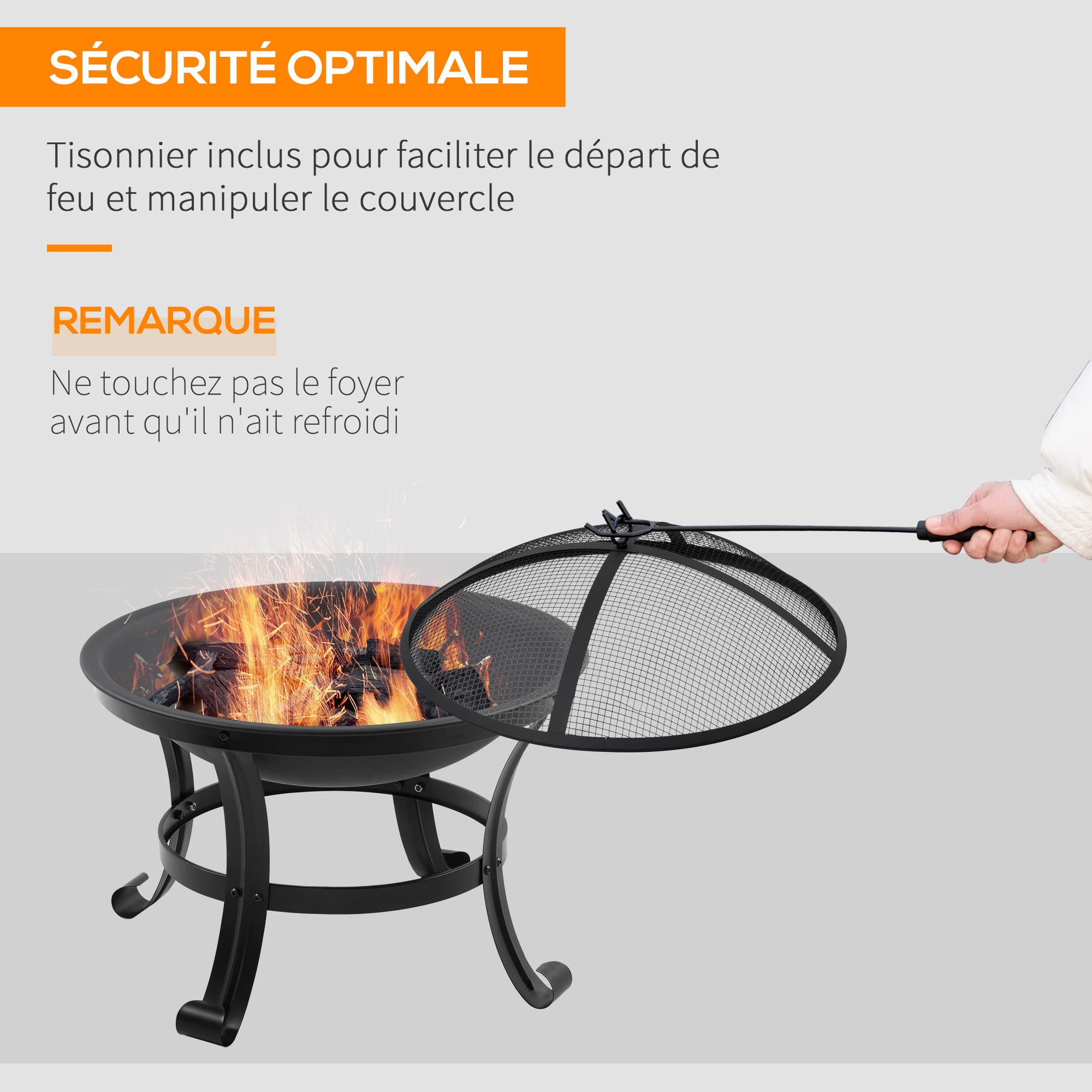 Outsunny Brasero cheminée Rond avec Pare-étincelles 55L x 55l x 50H Noir | Foyer extérieur, tisonnier, métal