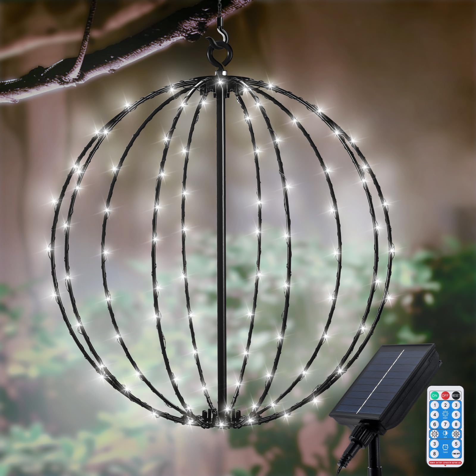 Solar String Light Garden, Metal Solar Lantern Lights 8 Modes 120 LEDs Waterproof Hanging Lights with Remote Solar Ornaments Lantern Lights for Outdoor Christmas Wedding Party Decoration
