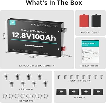 12V 100Ah Slim Lithium LiFePO4 Battery 2.76 1280Wh Ultra-Thin Deep Cycle Lithium Battery with 100A BMS, Low-Temp Protection Fit Vans, RV, Trucks, Solar Systems, Marine Off-Grid (1 Pack)