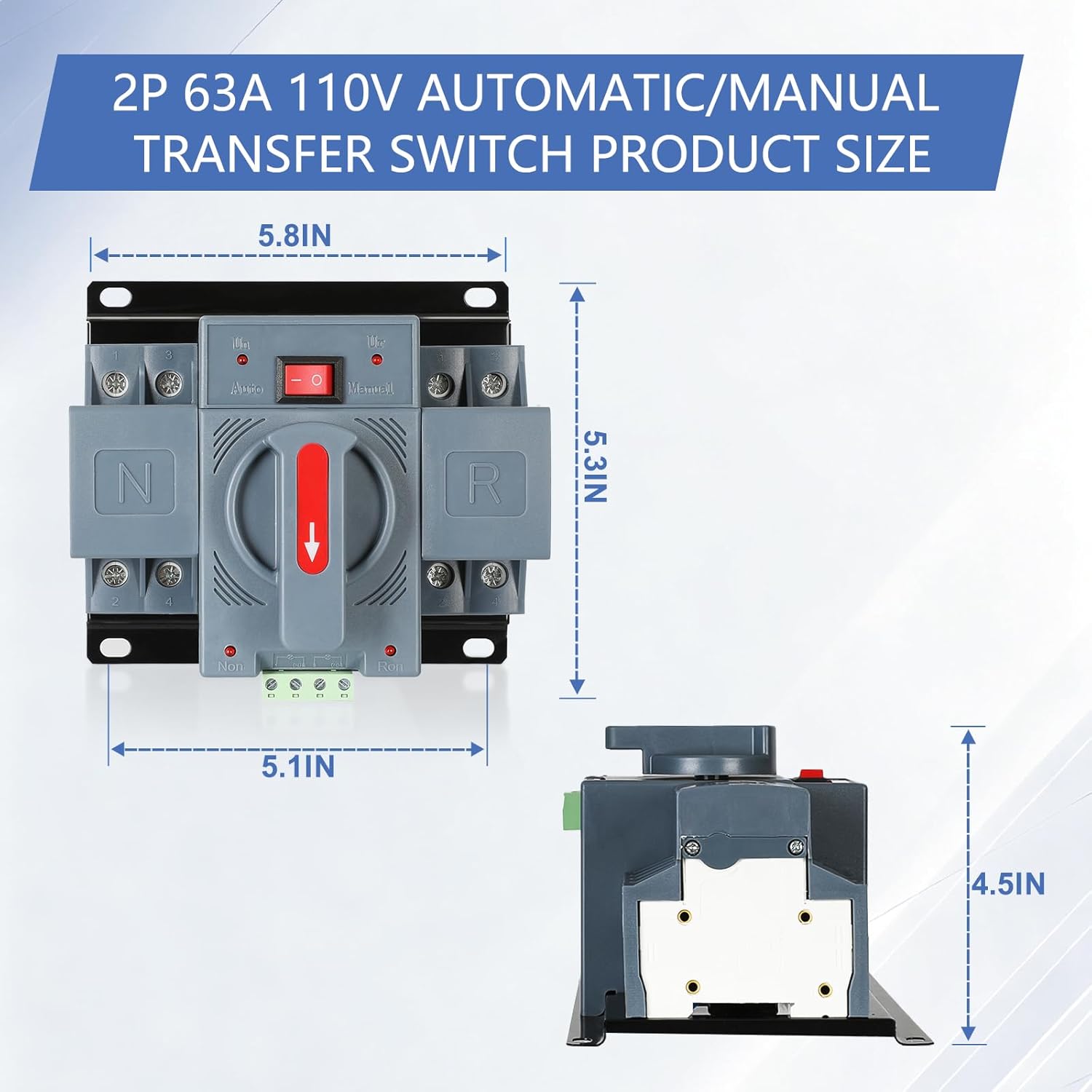 6-63amp AC110V Dual Power Automatic Transfer Switch 2P 50/60Hz, 2POLE 63A ATS Auto Changeover Switch for Generator, CE Certified ATS Solar Back Up Power Auto Selector Overvoltage, Undervoltage
