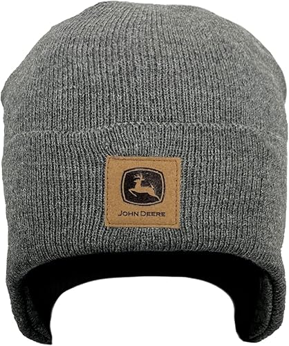 John Deere Gorro con logotipo de parche de cuero con cubierta para las orejas, color carbón, Carbón vegetal