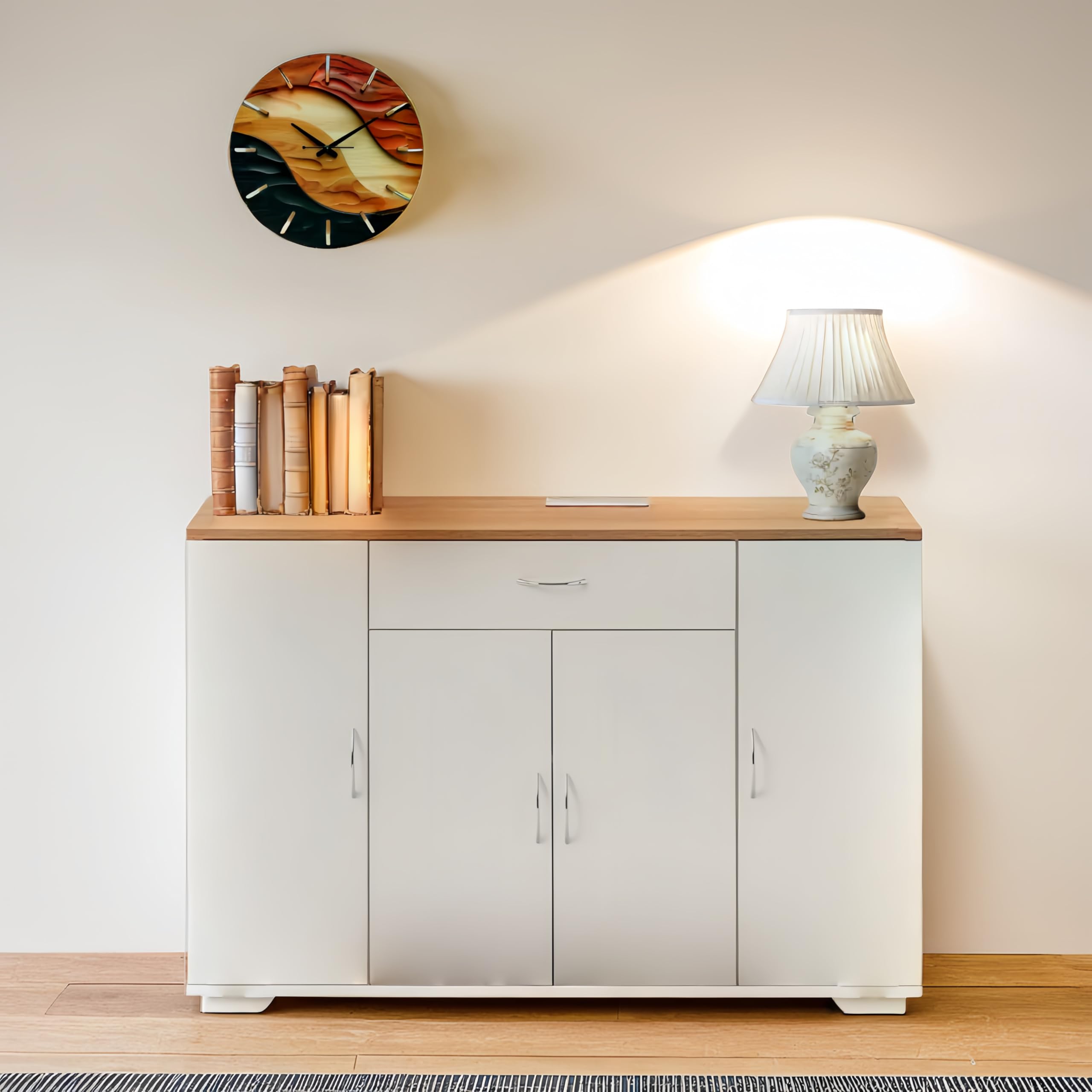 Meuble Cuisine avec Plan de Travail 110 x 30 x 70 cm, Buffet Cuisine Blanc avec 1 Tiroir et 4 Portes, Meuble de Rangement pour Salle à Manger, Salon ou Entrée, Meuble Bas Cuisine Moderne