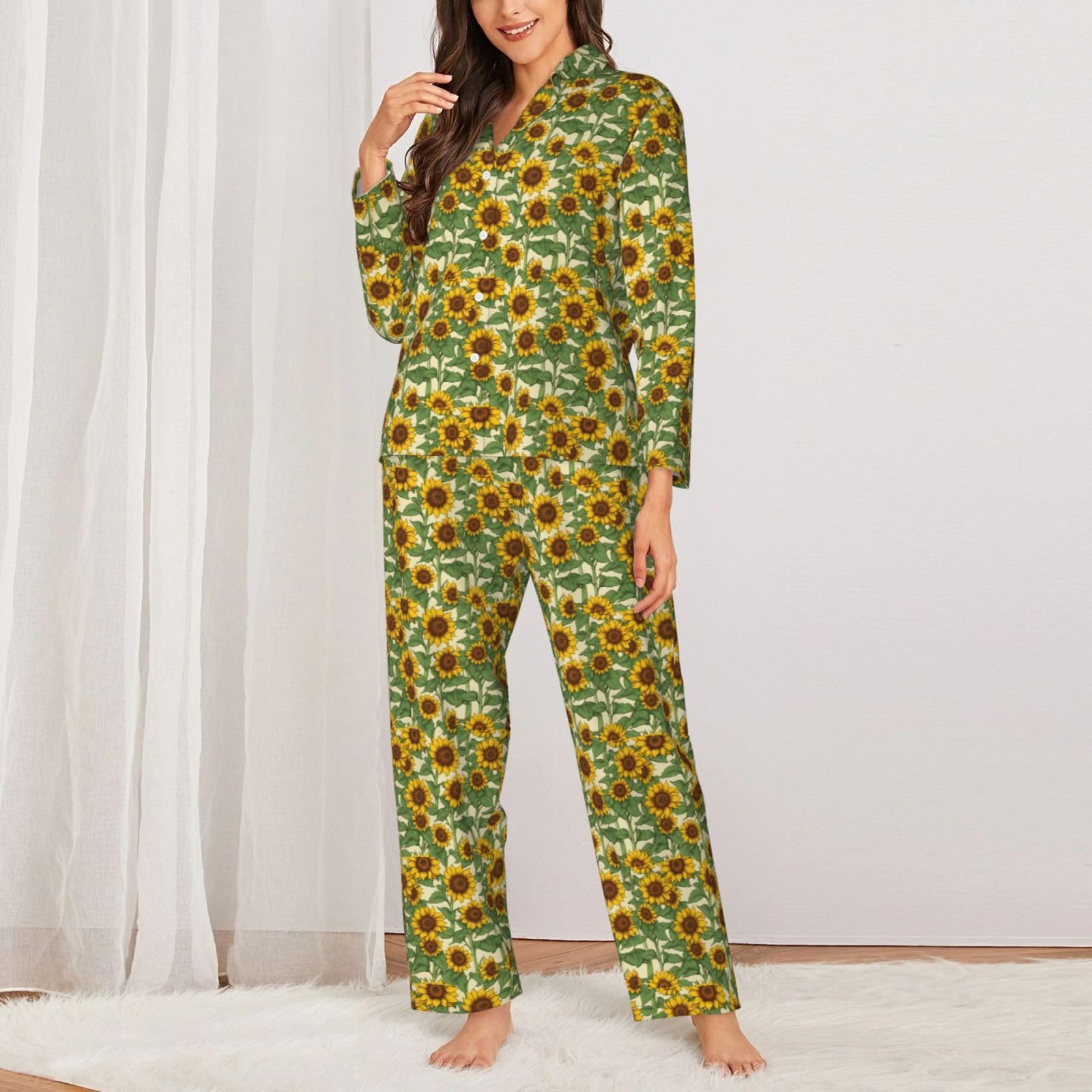 Pigiama a maniche lunghe da donna con stampa girasole Set Lounge Sleepwear Accogliente Nightwear Loungewear per tutti i giorni