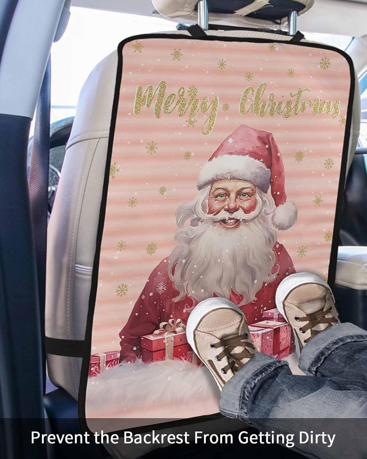 T&H XHome Car Seat Protector, 2 Pack Kick Mats Back Seat Protector Merry Christmas Santa with Gift Waterproof Backseat Cover for Kids Universal Fit Automotive Interior Protectors
