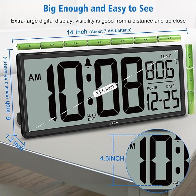 Reloj de Pared Digital Grande con Retroiluminación y Temperatura miniatura 2