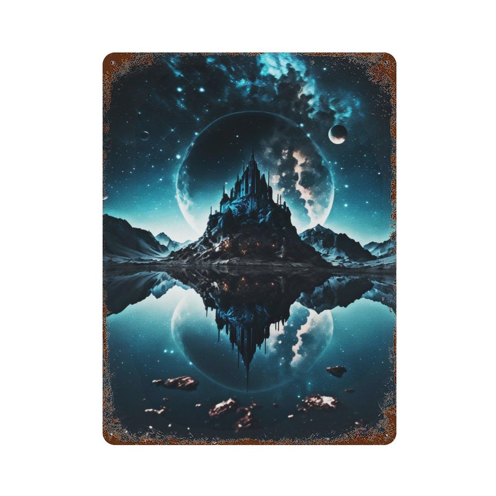 Rust Effect Magical Temple with Starry Rustic Tin Plaque 15.7"x11.8", Shabby Chic Decor for Basement, Hobby Room And Garage Decor
