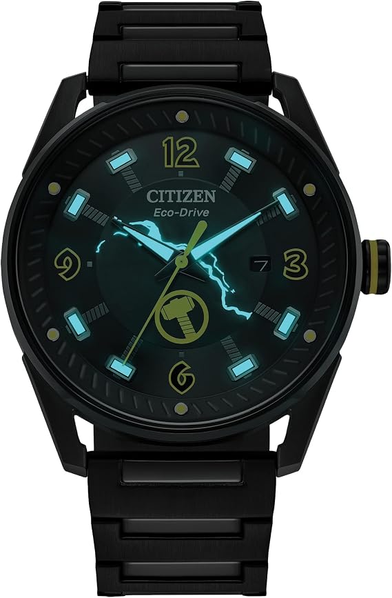 CITIZEN Eco-Drive Men's Marvel Thor Find Your Power Black IP Stainless Steel, 3-Hand Date, Luminous, 42mm (Model: BM6987-50W)