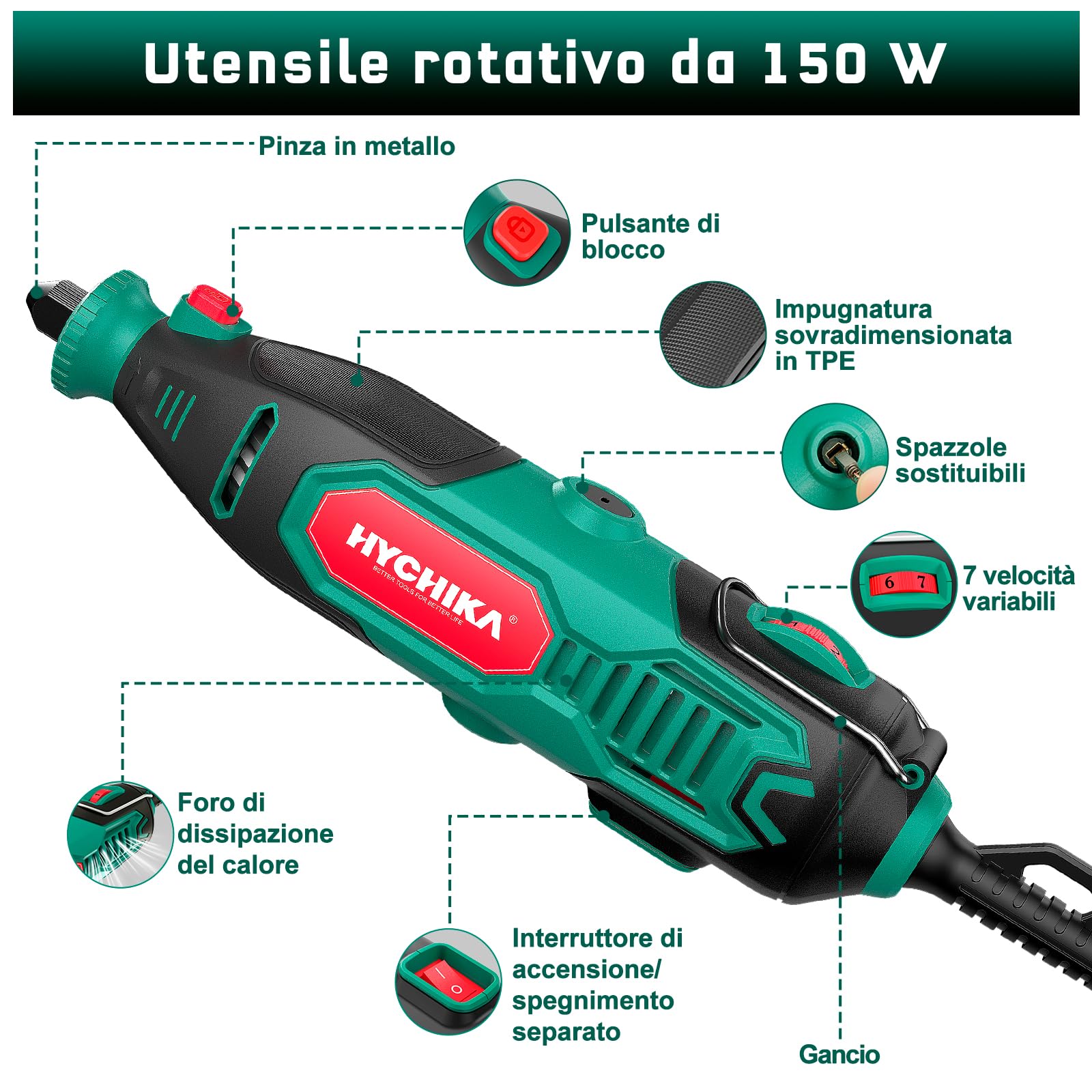 HYCHIKA Utensile Rotante 150W con affilacatene, 7 vel 10.000-33.000 giri/min. 167 accessori per levigatura, lucidatura, taglio, foratura e incisione