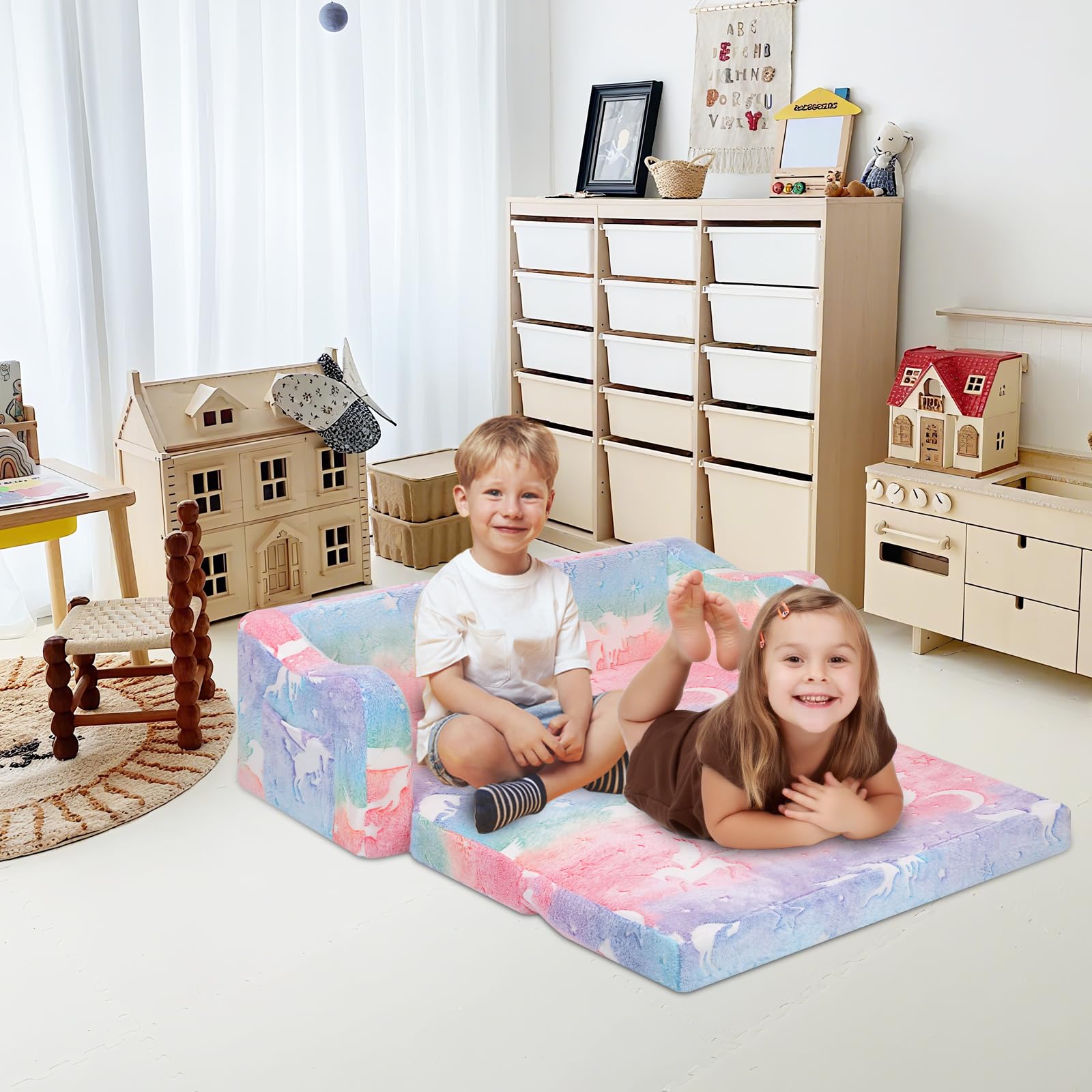 Einhorn Kindercouch ausklappbar 2-in-1, Extra Groß Kindersofa Das im Dunkeln leuchtet mit Schlaffunktion,Kindersessel für Kinder Kinderzimmer Spielzimmer
