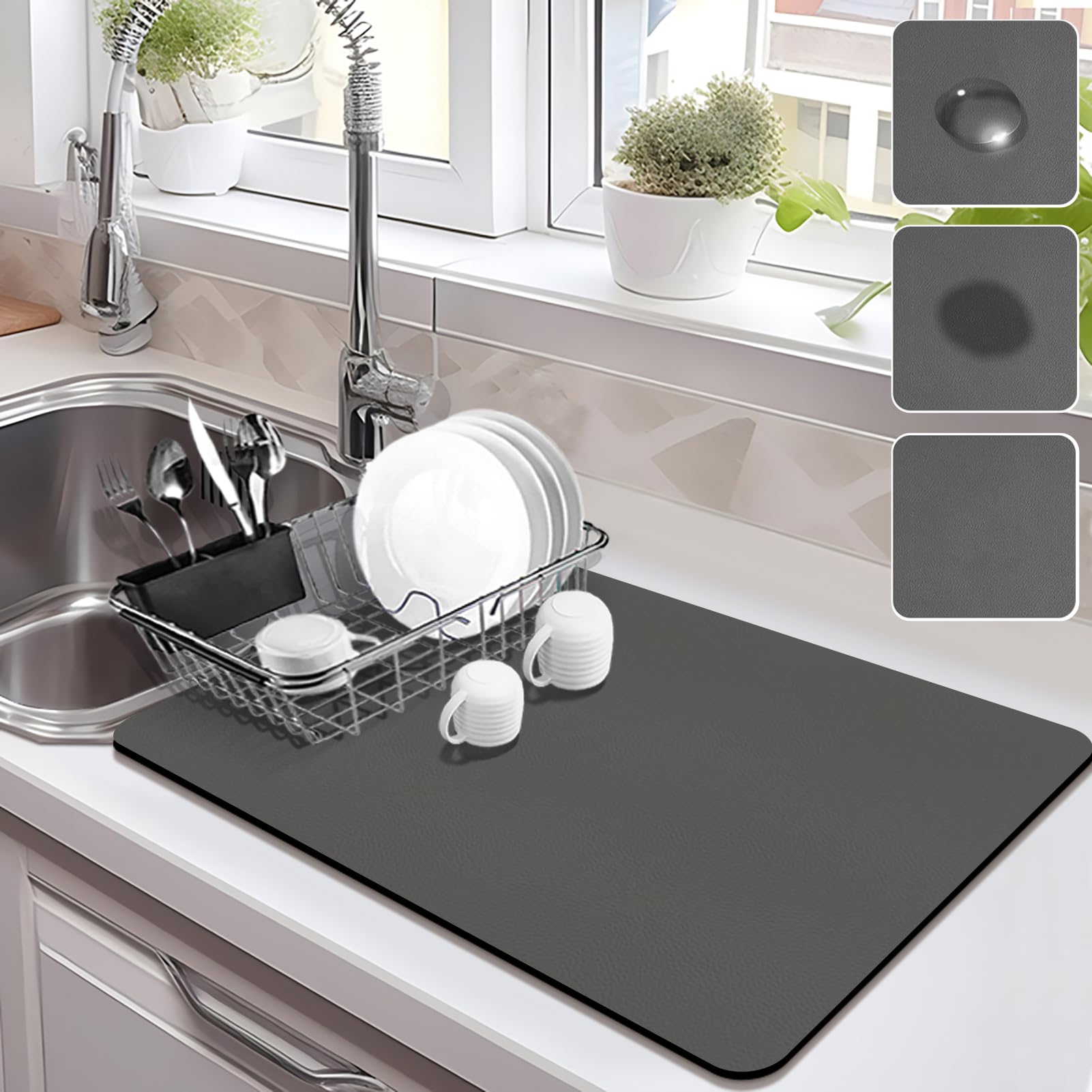 Dish Drying Mat,Non-Slip Draining Mat Rubber Backing,Absorbent Hide Stain Drying Mat for Kitchen Countertops,Quick Dry Coffee Mat (Dark Gray, 30x40cm)