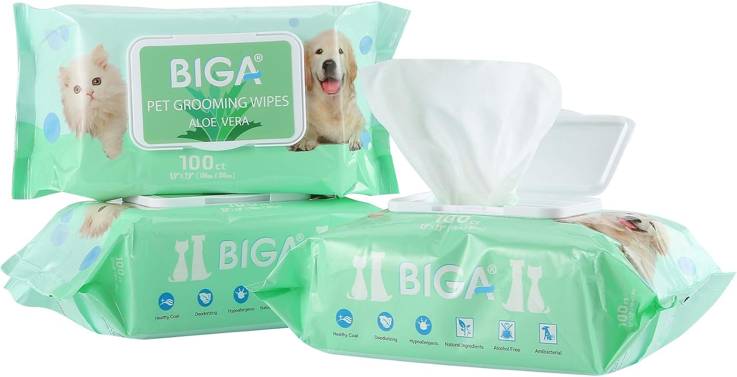 BIGA Deodorizing Hypoallergenic Pet Wipes with Fragrance Free Natural Organic for Cleaning Face Butt Eyes Ears Paws Teeth 100ct per Pack…