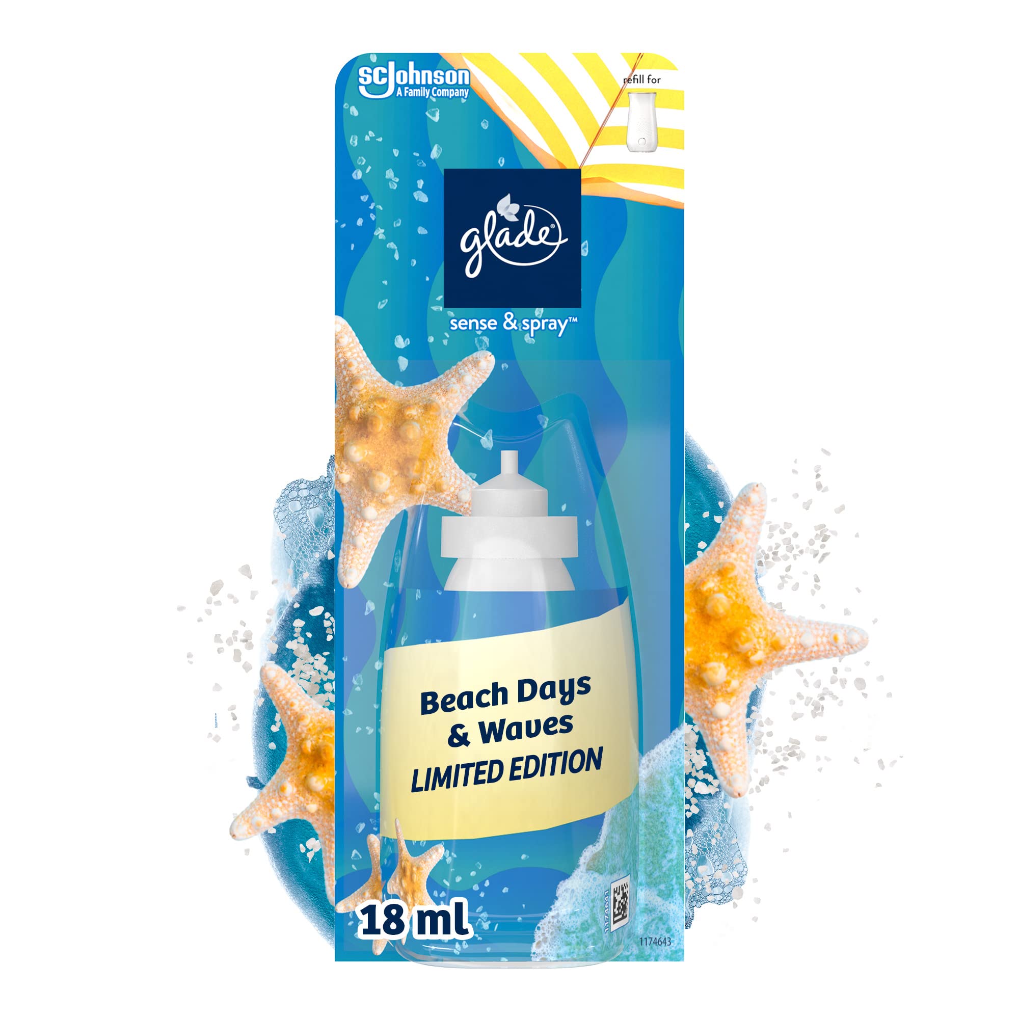 gladeSense & Spray Air Freshener Refill, Motion Activated Automatic Room Spray and Odour Eliminator for Home, Beach Days & Waves, Pack of 8 (8 x 18ml)