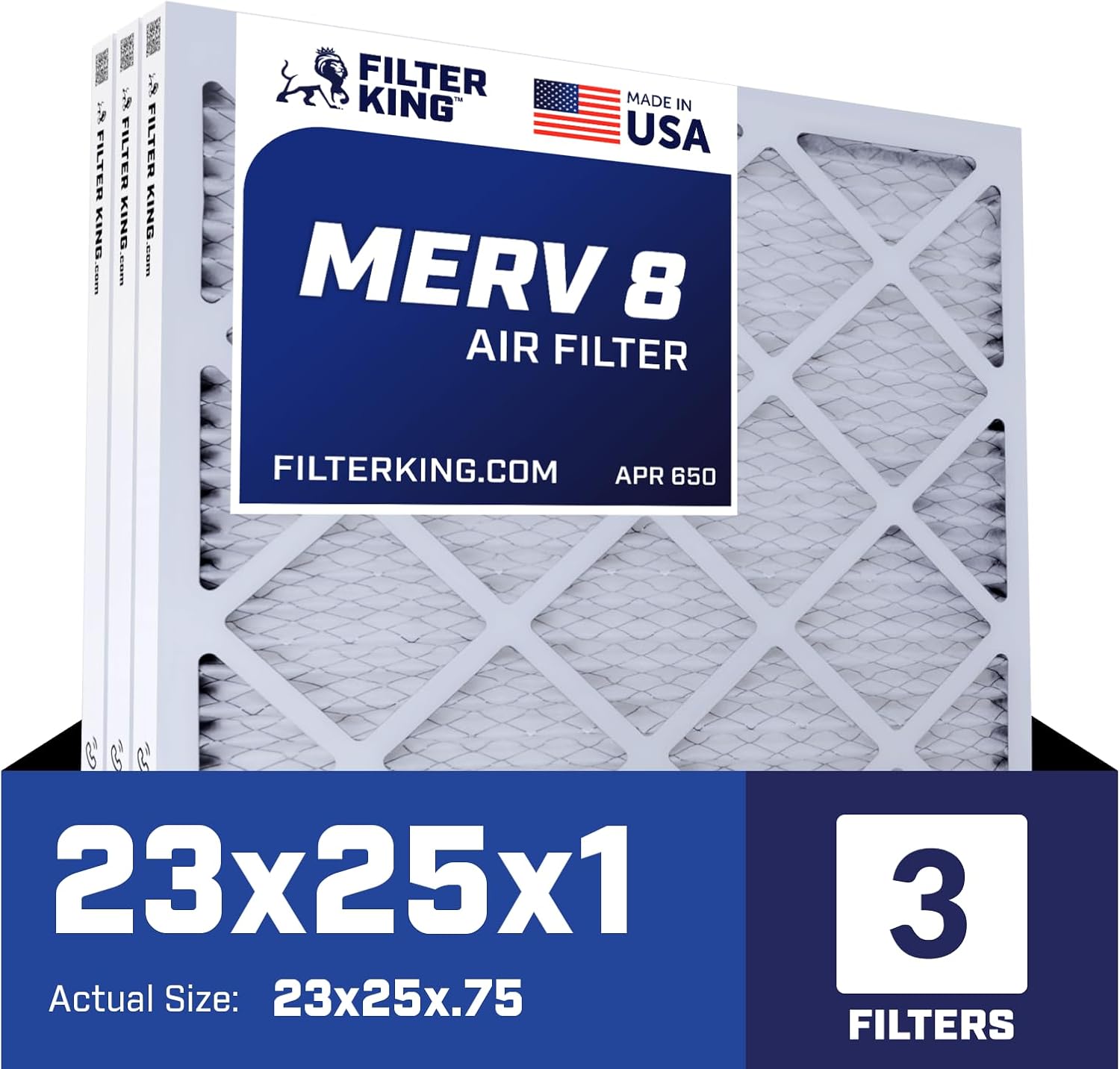 Filter King 23x25x1 Air Filter | 3-PACK | MERV 8 HVAC Pleated A/C Furnace Filters | MADE IN USA | Actual Size: 23 x 25 x .75"