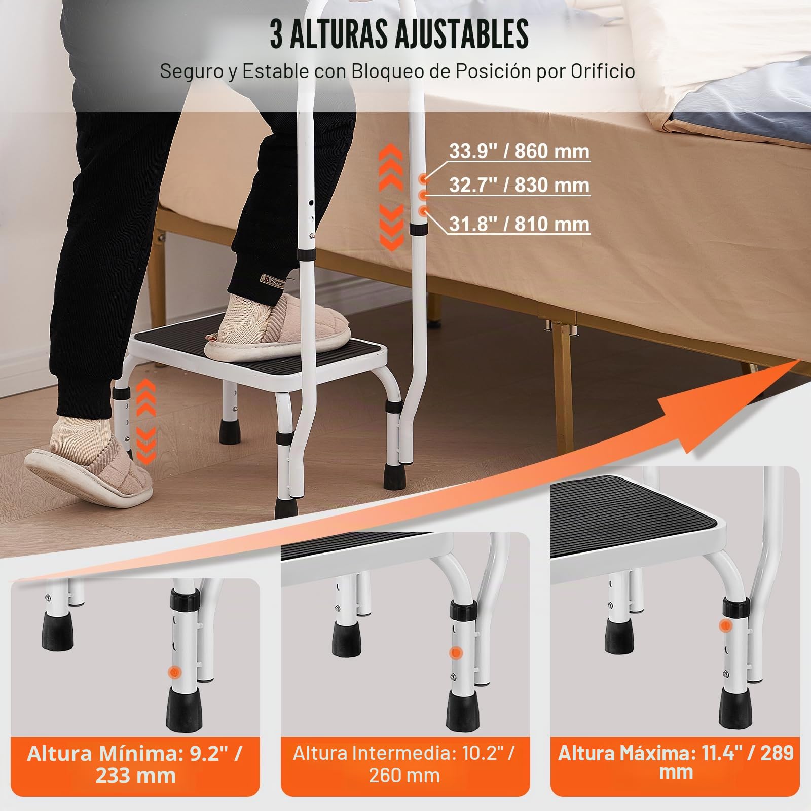 VEVOR Taburete de 1 escalón, capacidad de 330 libras, 3 alturas ajustables con asa, escalera de acero, taburetes portátiles para adultos, escaleras antideslizantes y resistentes para oficina