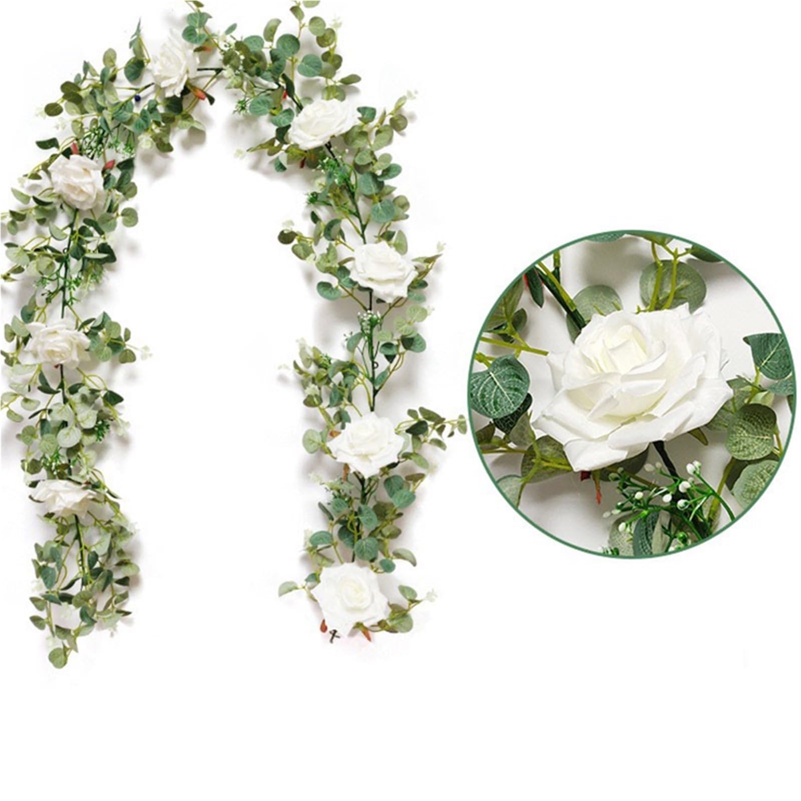 Künstliche Eukalyptus-Girlande mit weißer Pfingstrose – perfekt für Hochzeiten, Geburtstage und Heimdekoration (1 x rosa Rose)
