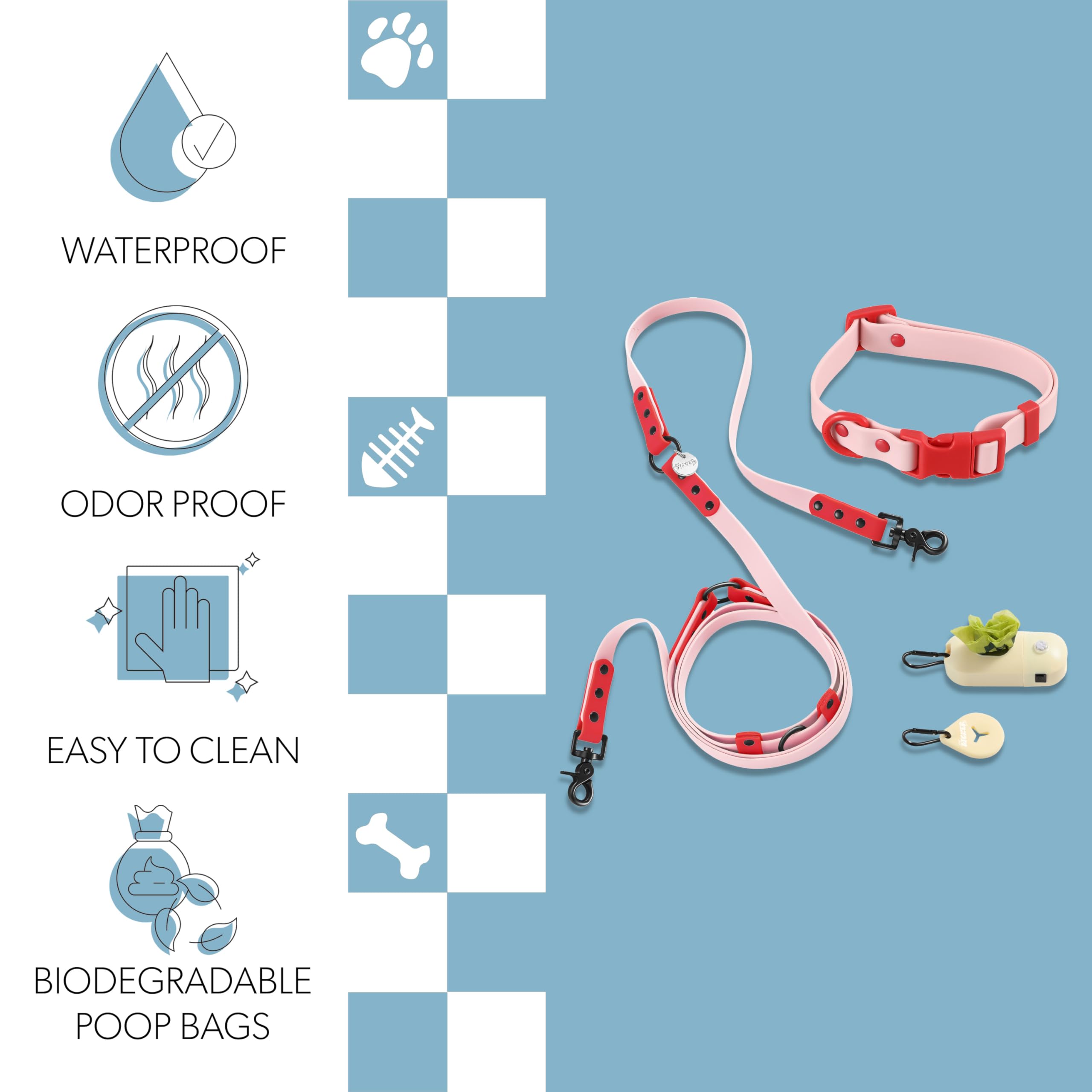 WLK1004G-5SET Luna - Correa y Collar Ajustable 6 en 1 Impermeable Manos Libres 6 en 1 con Linterna LED, dispensador de Bolsas y Soporte para Bolsas de excrementos, Paloma