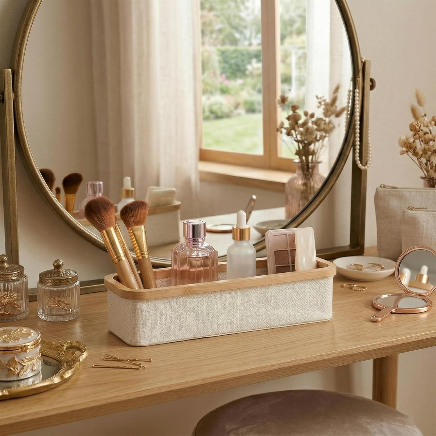 WOOHA Bamboo Makeup Organizer for Vanity - Fabric Cosmetic Storage Bin for Bathroom Countertop, Slim Skincare Organizer for Perfume, Lotions & Beauty Brushes, Foldable Storage Container (Beige, Small)
