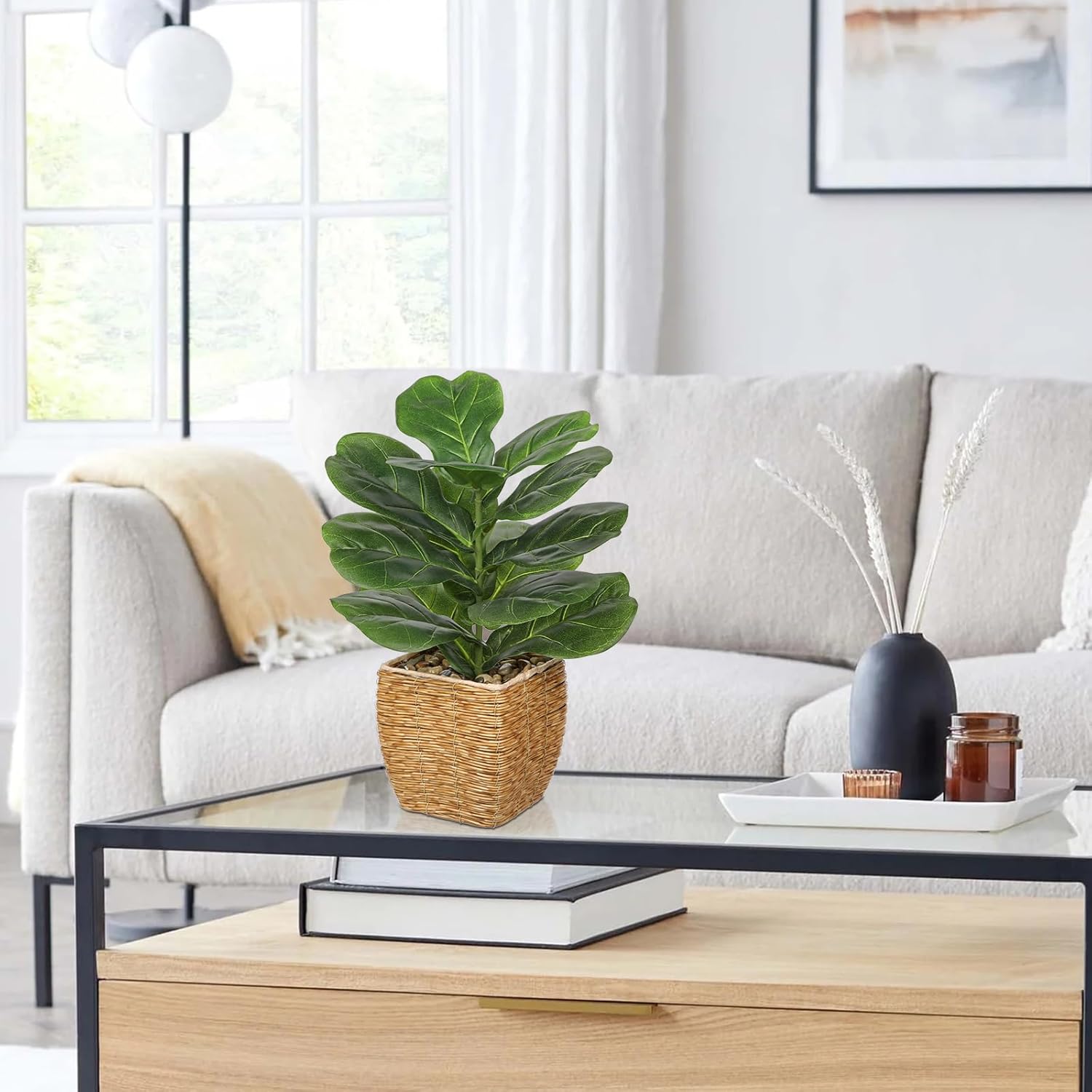 Briful Fake Plants Potted Fiddle Leaf Fig Artificial Plants Indoor Realistic Greenery Faux Plants in Square Plastic Rattan Baskets for Home Decor Farmhouse Office Weddings - Image 5