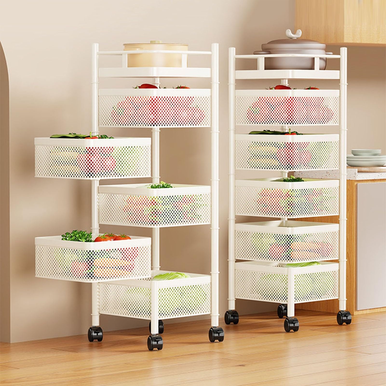 Cesto portaoggetti girevole, scaffale multistrato per cucina e bagno, organizer girevole a 5 ripiani per frutta e verdura con ruote, design salvaspazio